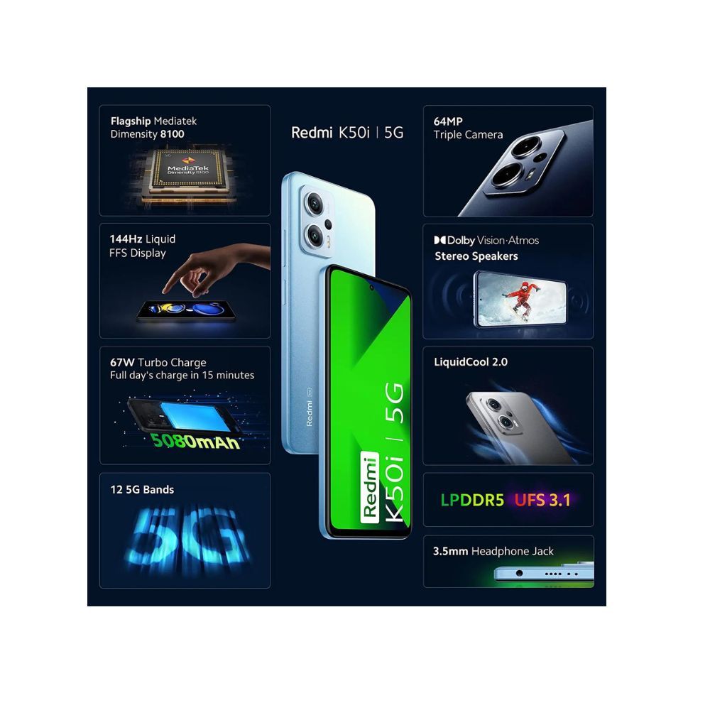 Redmi K50i 5G (Phantom Blue, 6GB RAM, 128GB Storage)