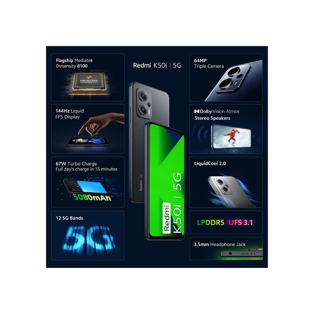 Redmi K50i 5G (Stealth Black, 8GB RAM, 256GB Storage)