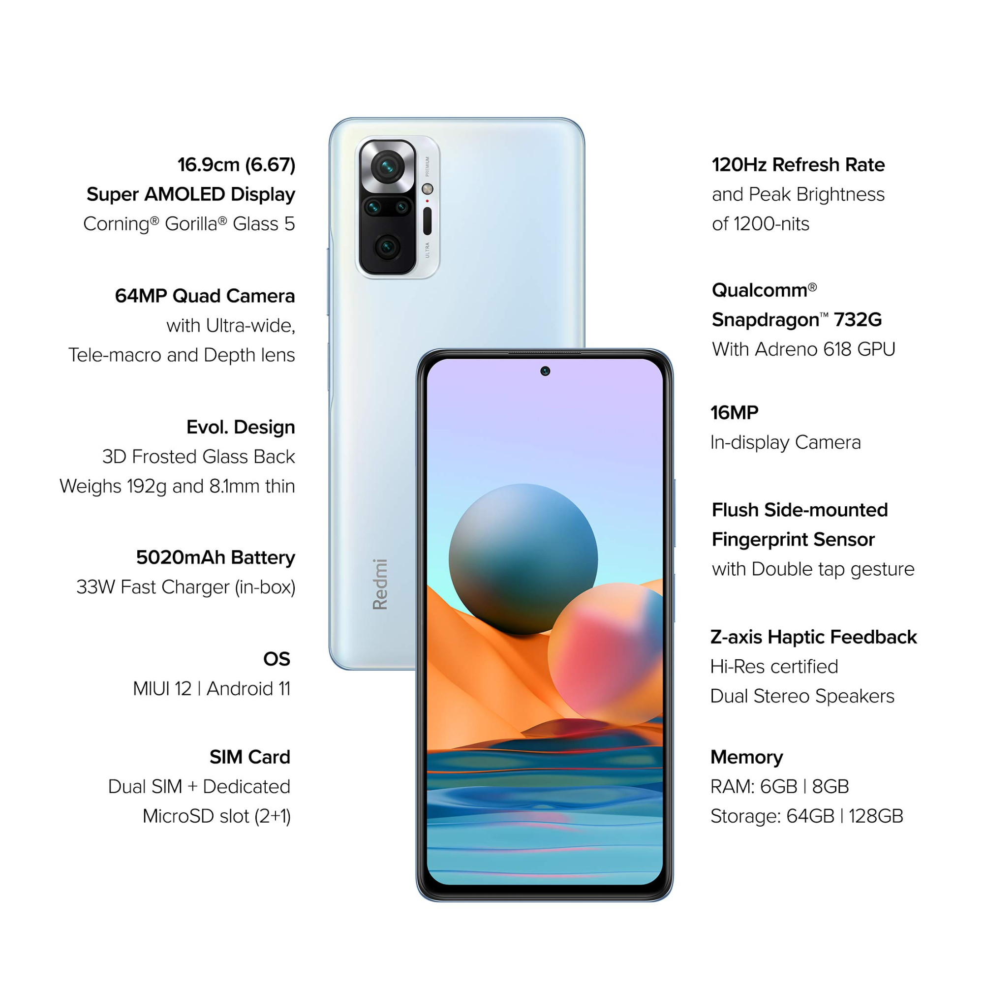 Redmi Note 10 Pro Glacial Blue 6GB RAM 128GB Storage -120hz Super Amoled Display64MP with 5mp Super Tele- Macro  33W Charger Included
