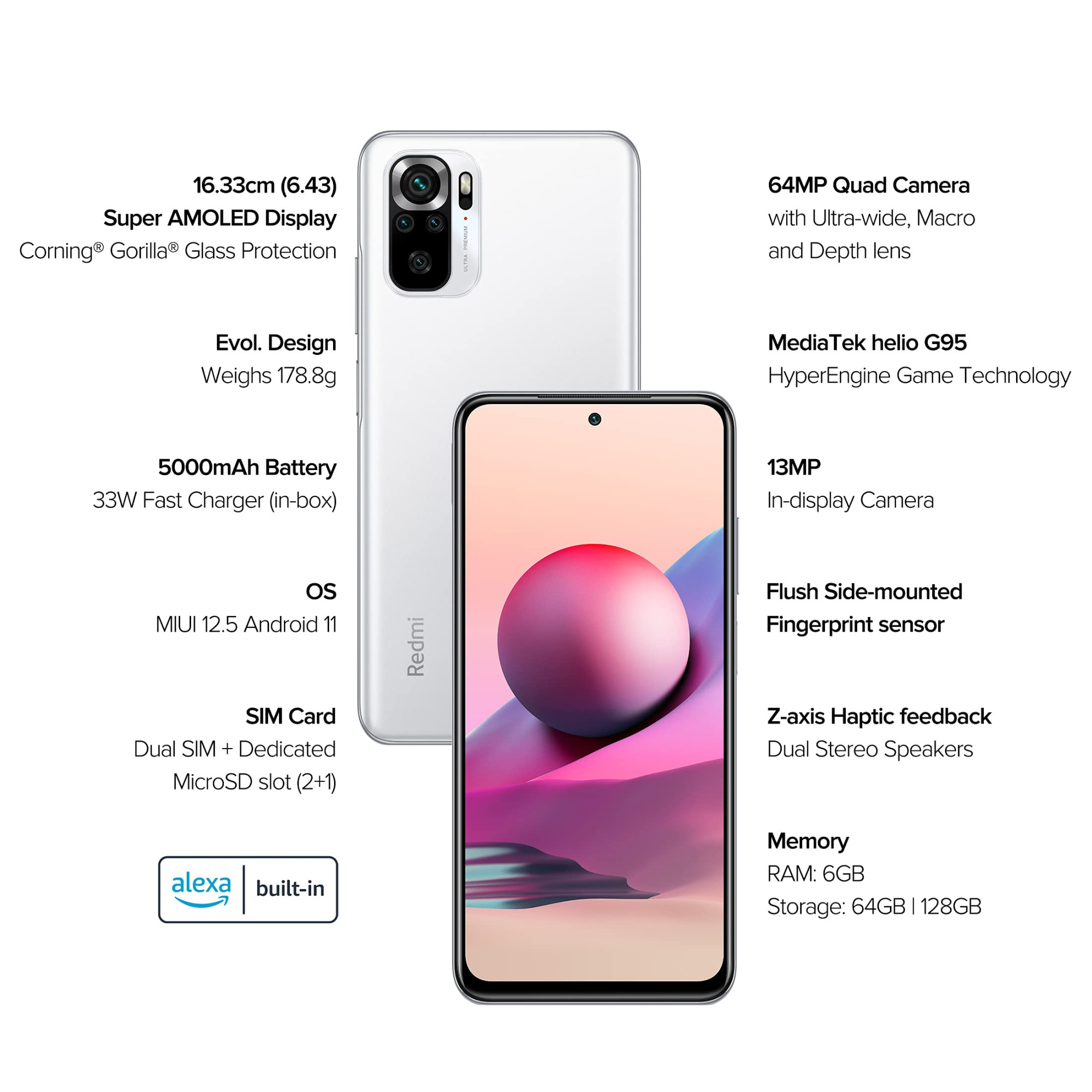 Redmi Note 10S Frost White 6GB RAM 128GB Storage - Super Amoled Display  64 MP Quad Camera  33W Charger Included