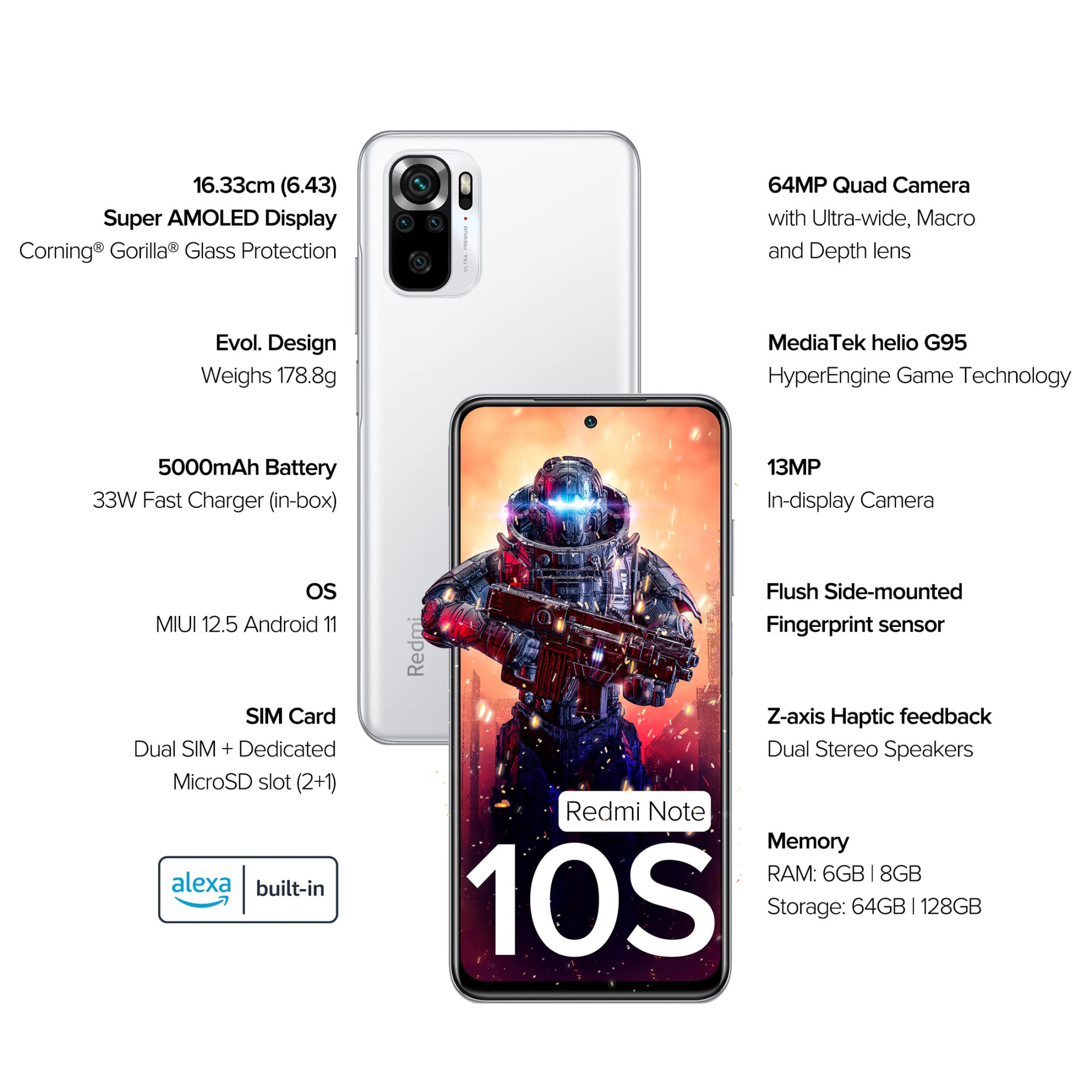 Redmi Note 10S Frost White 8GB RAM128 GB Storage - Super Amoled Display  64 MP Quad Camera  Alexa Built in  33W Charger Included
