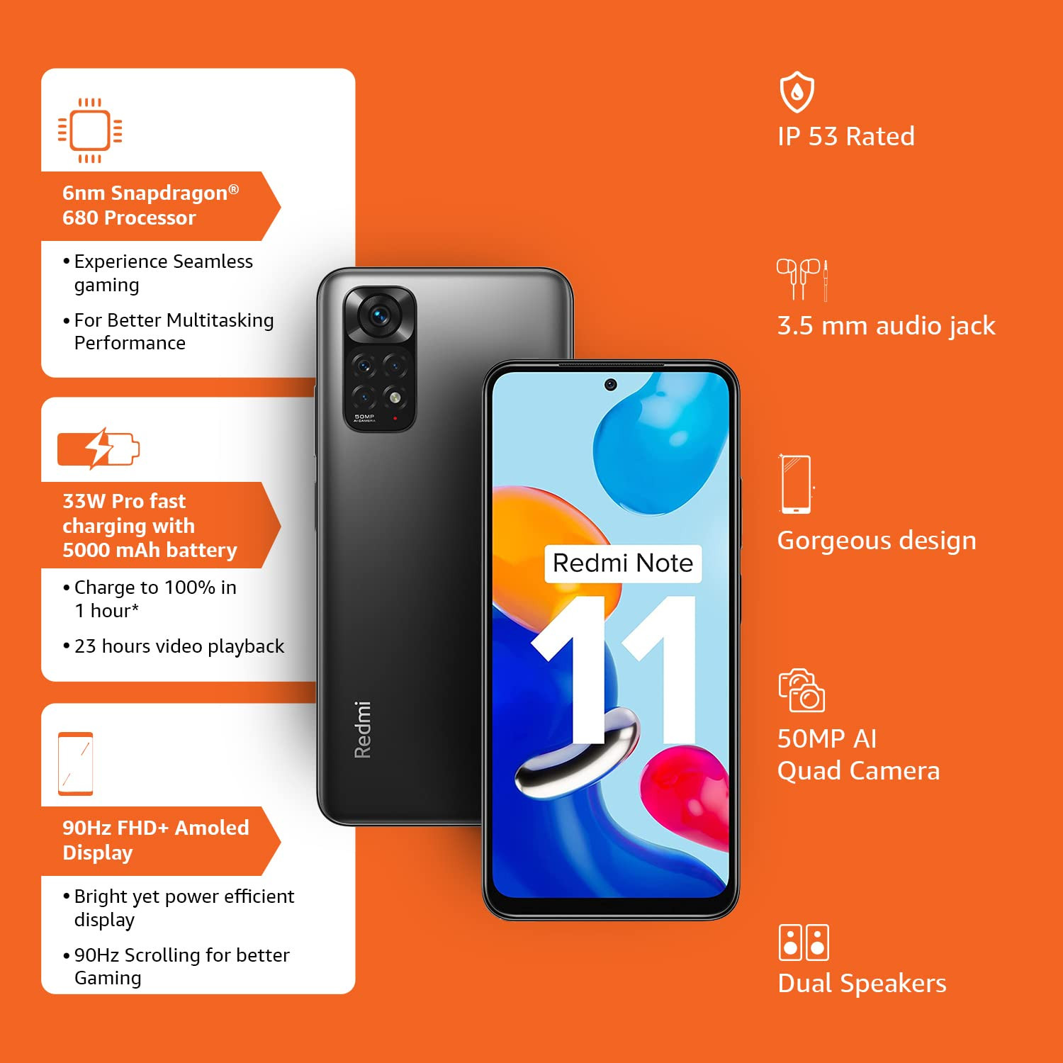 Redmi Note 11 Space Black 6GB RAM 128GB Storage90Hz FHD AMOLED Display  Qualcomm Snapdragon 680-6nm  33W Charger Included