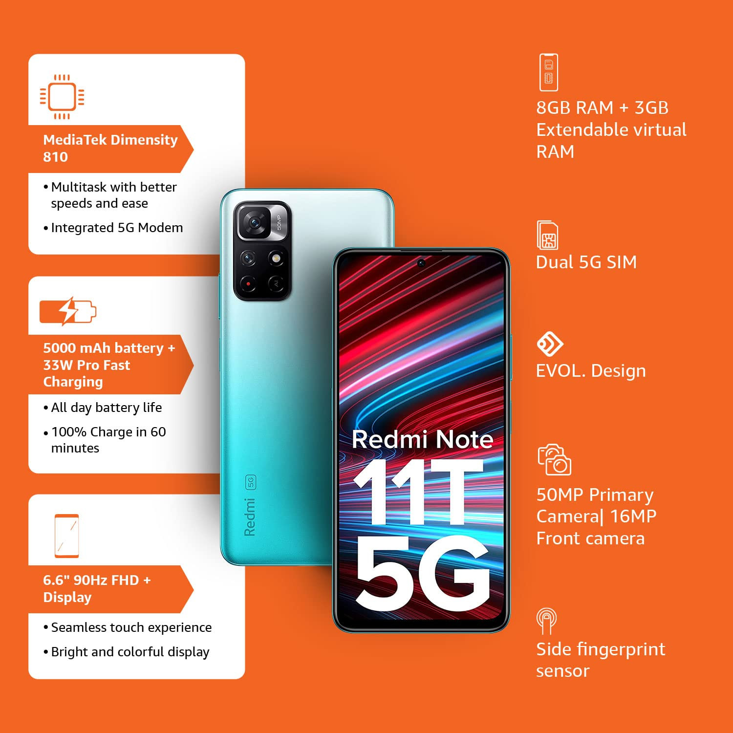 Redmi Note 11T 5G Aquamarine Blue 8GB RAM 128GB ROM Dimensity 810 5G  33W Pro Fast Charging  Charger included  Additional Exchange Offers Get 2 months of YouTube Premium free