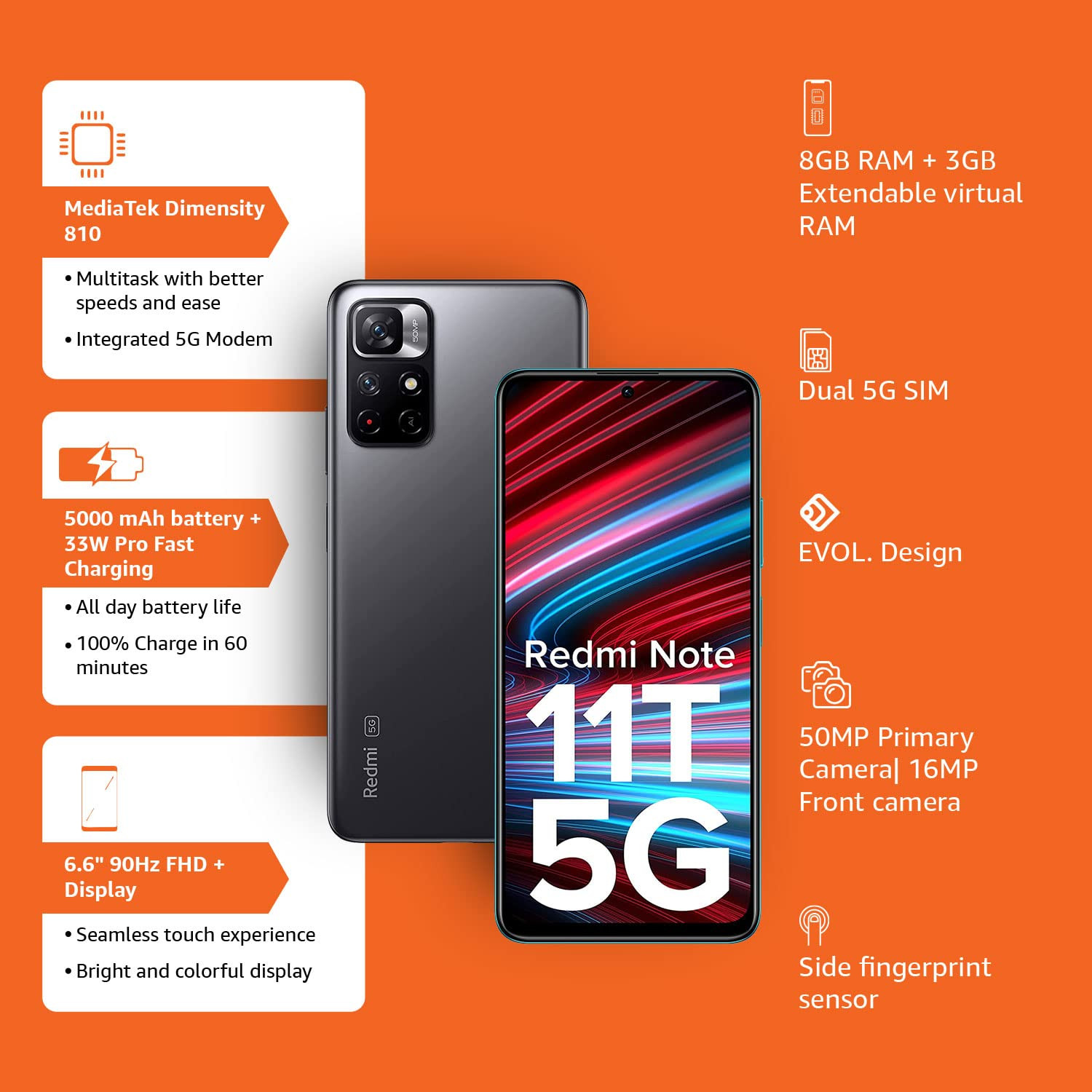 Redmi Note 11T 5G Matte Black 6GB RAM 64GB ROM Dimensity 810 5G  33W Pro Fast Charging Charger Included