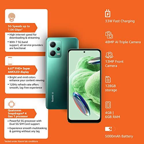 Redmi Note 12 5G Frosted Green 4GB RAM 128GB ROM  1st Phone with 120Hz Super AMOLED and Snapdragon 4 Gen 1  48MP AI Triple Camera