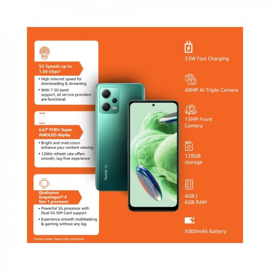 Redmi Note 12 5G Frosted Green 4GB RAM 128GB ROM | 1st Phone with 120Hz Super AMOLED and Snapdragon® 4 Gen 1 | 48MP AI Triple Camera