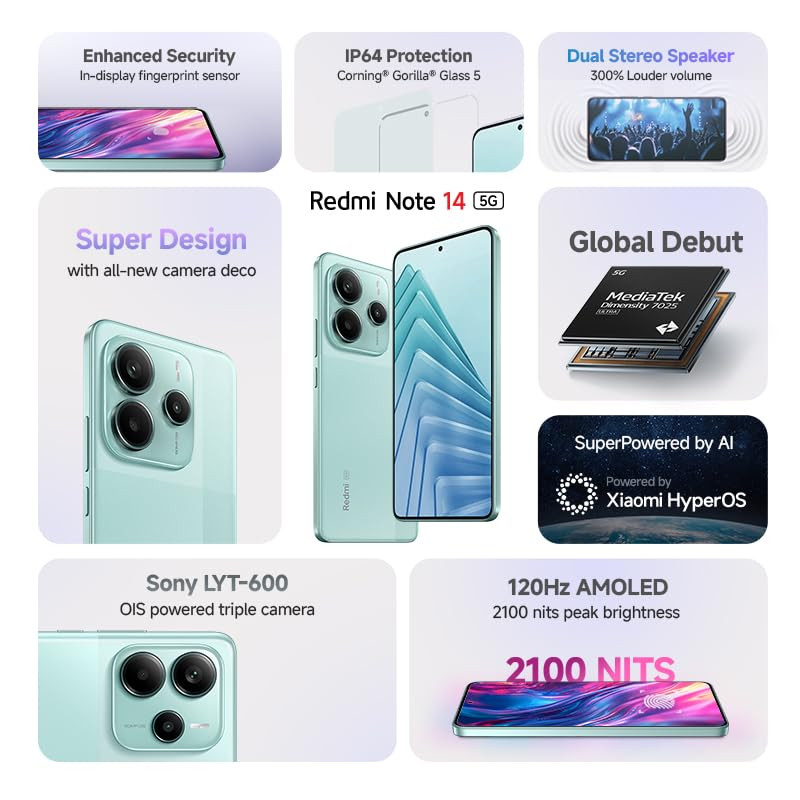 Redmi Note 14 5G Ivy Green 6GB RAM 128GB Storage  Global Debut MTK Dimensity 7025 Ultra  2100 nits Segment Brightest 120Hz AMOLED  50MP Sony LYT 600 OISEIS Triple Camera