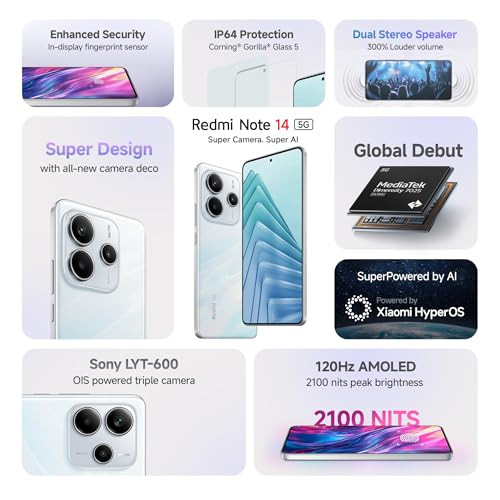 Redmi Note 14 5G Mystique White 6GB RAM 128GB Storage  Global Debut MTK Dimensity 7025 Ultra  2100 nits Segment Brightest 120Hz AMOLED  50MP Sony LYT 600 OISEIS Triple Camera
