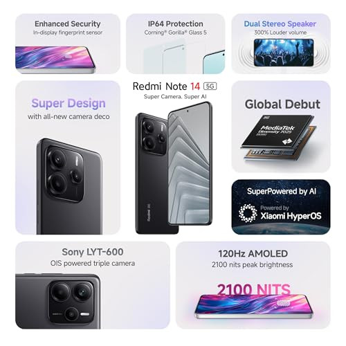 Redmi Note 14 5G Titan Black 6GB RAM 128GB Storage  Global Debut MTK Dimensity 7025 Ultra  2100 nits Segment Brightest 120Hz AMOLED  50MP Sony LYT 600 OISEIS Triple Camera