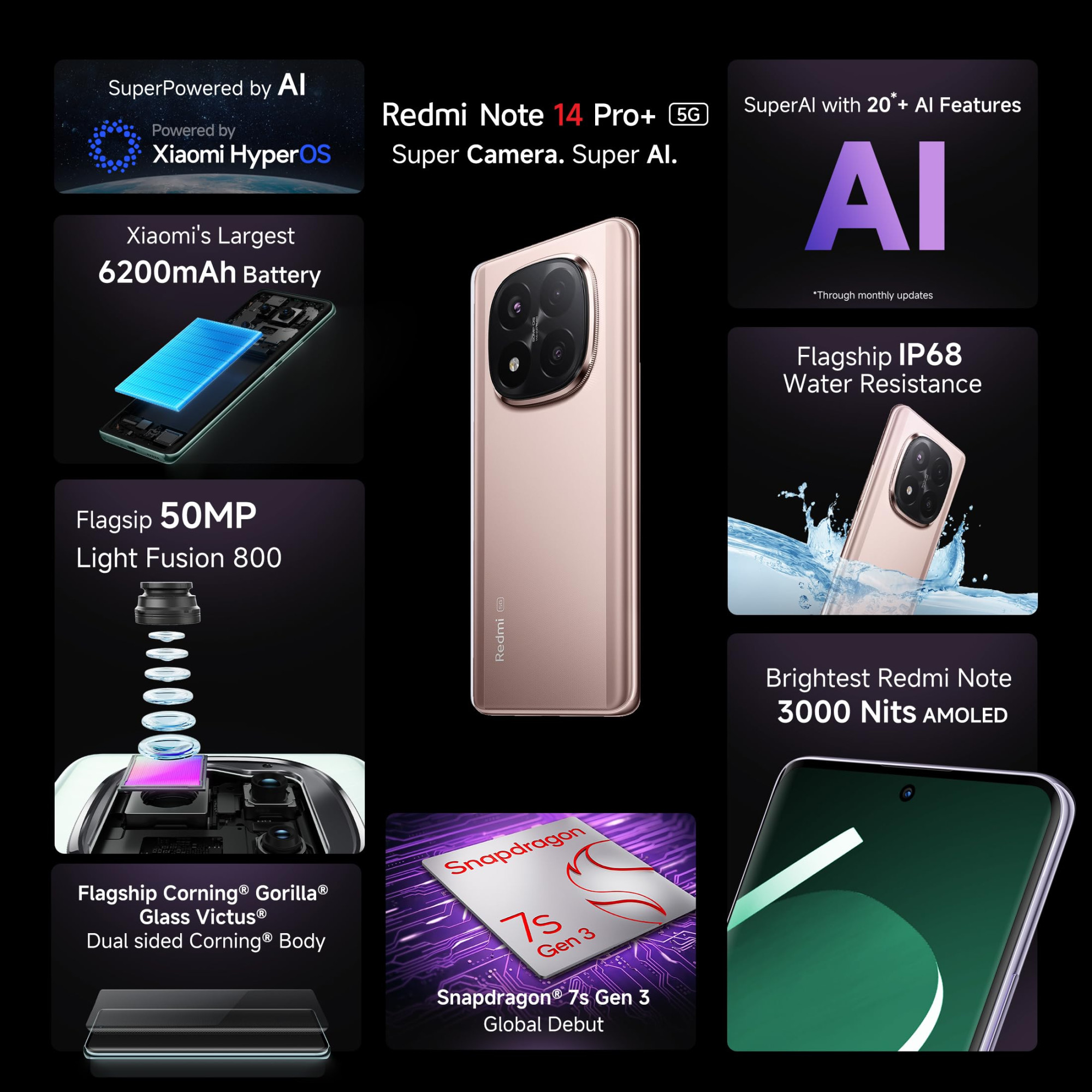 Redmi Note 14 Pro 5G Champagne Gold 8GB RAM 256GB Storage 50 MP Triple Camera with Telephoto  Corning Gorilla Glass Victus 2  IP68 IP69  SD 7s Gen 3