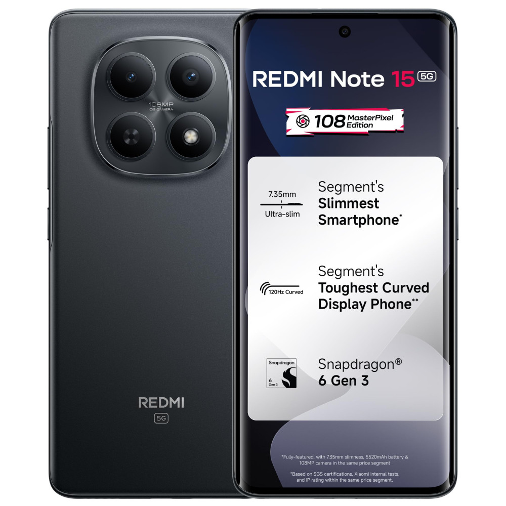 Image of REDMI Note 15 5G (Black, 8GB RAM 128GB Storage) | 108MP OIS Camera | Snapdragon 6 Gen 3 | 17.2cm Tough Curved AMOLED Screen | 5520mAh Battery | 45W Fast Charging