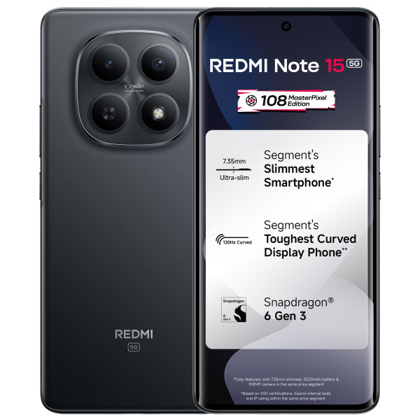 Image of REDMI Note 15 5G (Black, 8GB RAM 128GB Storage) | 108MP OIS Camera | Snapdragon 6 Gen 3 | 17.2cm Tough Curved AMOLED Screen | 5520mAh Battery | 45W Fast Charging