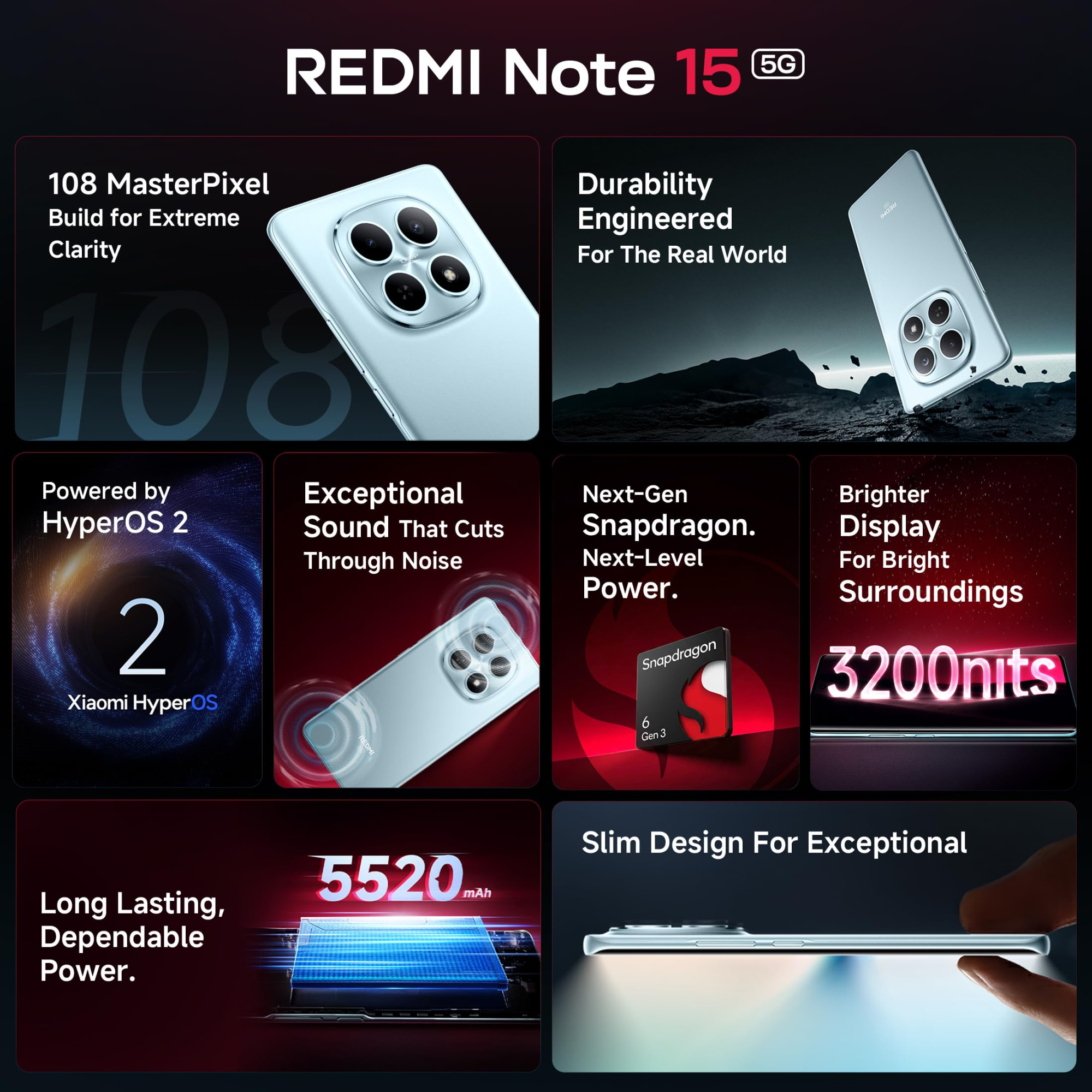 REDMI Note 15 5G Black 8GB RAM 128GB Storage 108MP OIS Camera Snapdragon 6 Gen 3 172cm Tough Curved AMOLED Screen 5520mAh Battery 45W Fast Charging