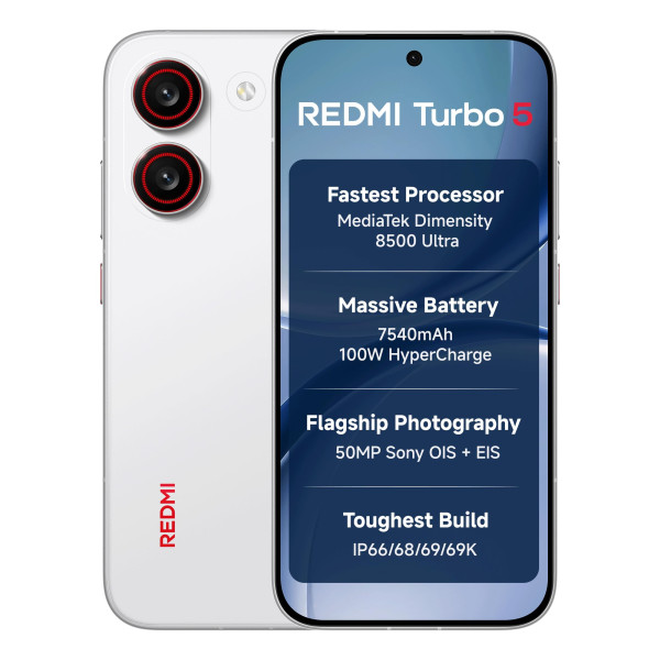 Image of REDMI Turbo 5 (8GB + 256GB) Turbo White | MediaTek Dimensity 8500 Ultra | Mega 7540mAh Battery | 100W HyperCharge | Compact 16.75cm(6.9) 120Hz Display | 50MP Sony OIS Camera