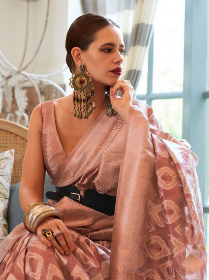 Remarkable Peach Weaving Tissue Bollywood Style Saree(Un-Stitched)