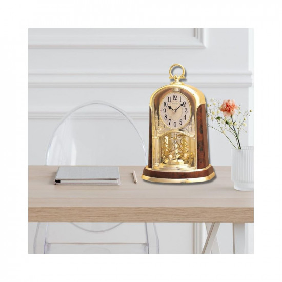 RHYTHM Elegant Brown Golden Color Wood Grain Case Rotating Swarovski Crystal Pendulum Table Top Home Decor Office Desk Mantel Clock for Gifts (Size: 18.1 x 12.3 x 29.3 CM | Weight: 920 grm)