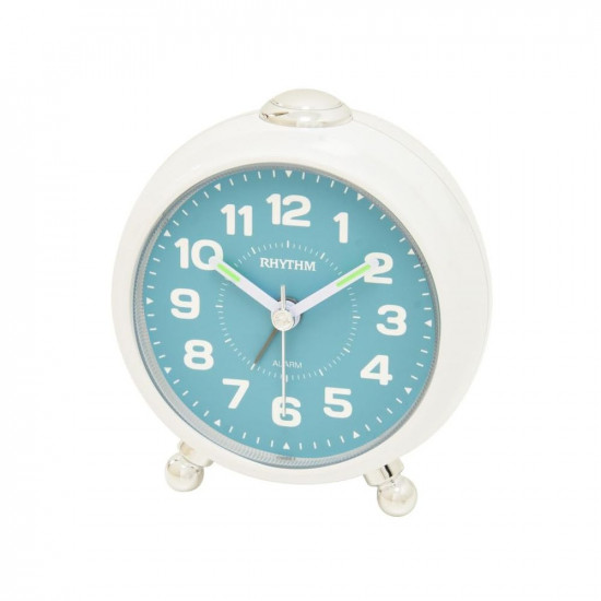 RHYTHM Round White Color Plastic Case 4 Steps Beep Alarm LED Flash Light Snooze Sky Blue Dial Table Top Office Desk Clock for Study Room Home Decor Gifts (Size: 8.3 x 5.3 x 9.2 CM | Weight: 140 grm)