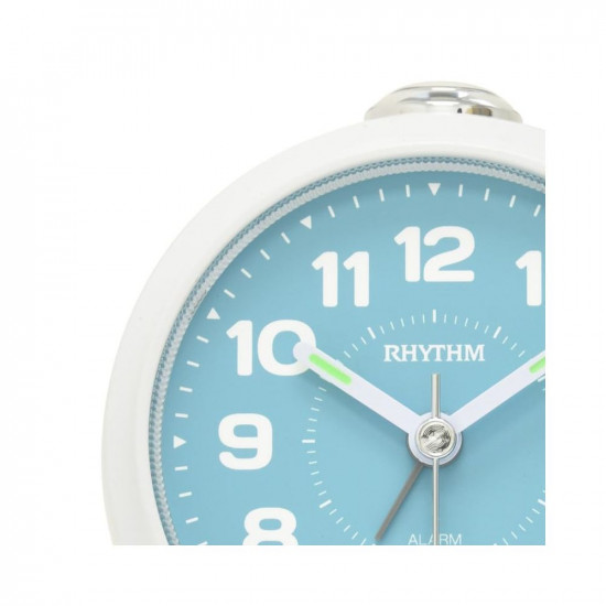 RHYTHM Round White Color Plastic Case 4 Steps Beep Alarm LED Flash Light Snooze Sky Blue Dial Table Top Office Desk Clock for Study Room Home Decor Gifts (Size: 8.3 x 5.3 x 9.2 CM | Weight: 140 grm)