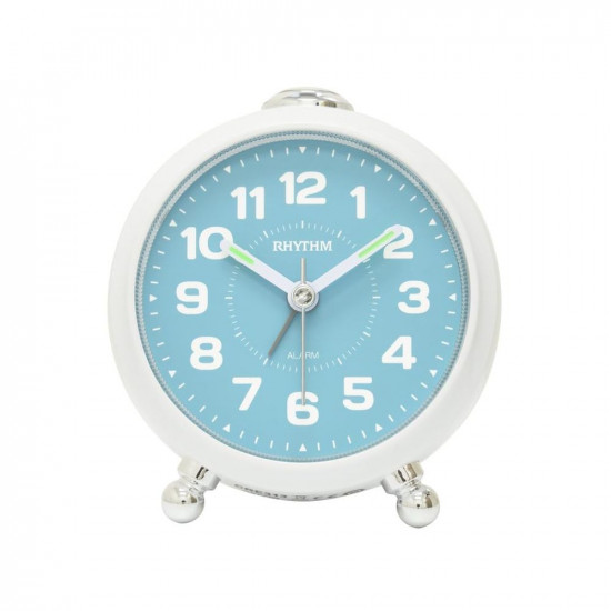 RHYTHM Round White Color Plastic Case 4 Steps Beep Alarm LED Flash Light Snooze Sky Blue Dial Table Top Office Desk Clock for Study Room Home Decor Gifts (Size: 8.3 x 5.3 x 9.2 CM | Weight: 140 grm)