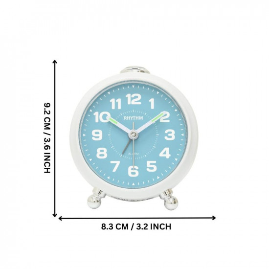 RHYTHM Round White Color Plastic Case 4 Steps Beep Alarm LED Flash Light Snooze Sky Blue Dial Table Top Office Desk Clock for Study Room Home Decor Gifts (Size: 8.3 x 5.3 x 9.2 CM | Weight: 140 grm)