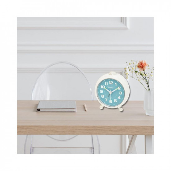 RHYTHM Round White Color Plastic Case 4 Steps Beep Alarm LED Flash Light Snooze Sky Blue Dial Table Top Office Desk Clock for Study Room Home Decor Gifts (Size: 8.3 x 5.3 x 9.2 CM | Weight: 140 grm)