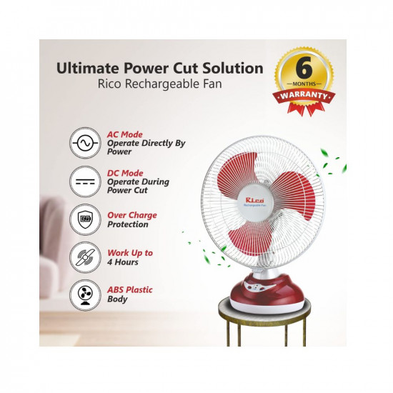 Rico Rechargeable Battery Table Fan, 12 inches, White