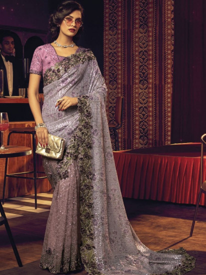 Riveting Purple Sequined Digital Net Cocktail Party Saree With Blouse(Un-Stitched)