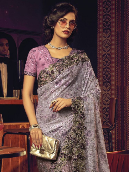 Riveting Purple Sequined Digital Net Cocktail Party Saree With Blouse(Un-Stitched)