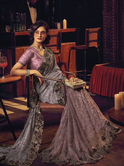 Riveting Purple Sequined Digital Net Cocktail Party Saree With Blouse(Un-Stitched)