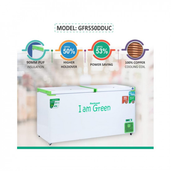 ROCKWELL 523 Ltr 5 Star Double Door Convertible GREEN Deep Freezer-GFR550DDUC (10 yr Warranty on body,Upto 53% Power Saving,100% copper coil)