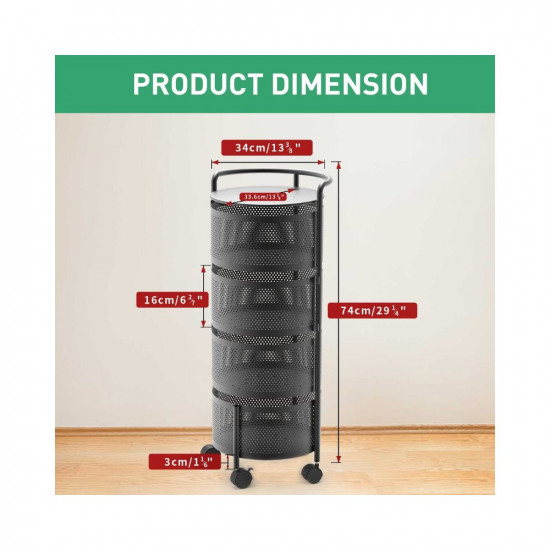 Rotating Kitchen Storage Rack No Assembly, 4-Tier Metal Storage Tower Basket Shelves Organizer on Rolling Wheels with Removal Drawers for Fruit Vegetable Grocery Corns Potato Onion (4-Tier, Black)