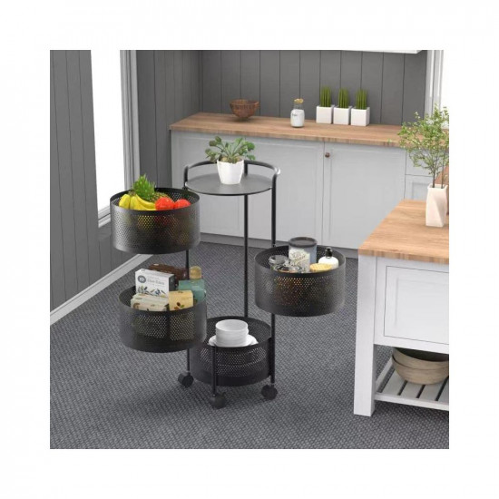 Rotating Kitchen Storage Rack No Assembly, 4-Tier Metal Storage Tower Basket Shelves Organizer on Rolling Wheels with Removal Drawers for Fruit Vegetable Grocery Corns Potato Onion (4-Tier, Black)