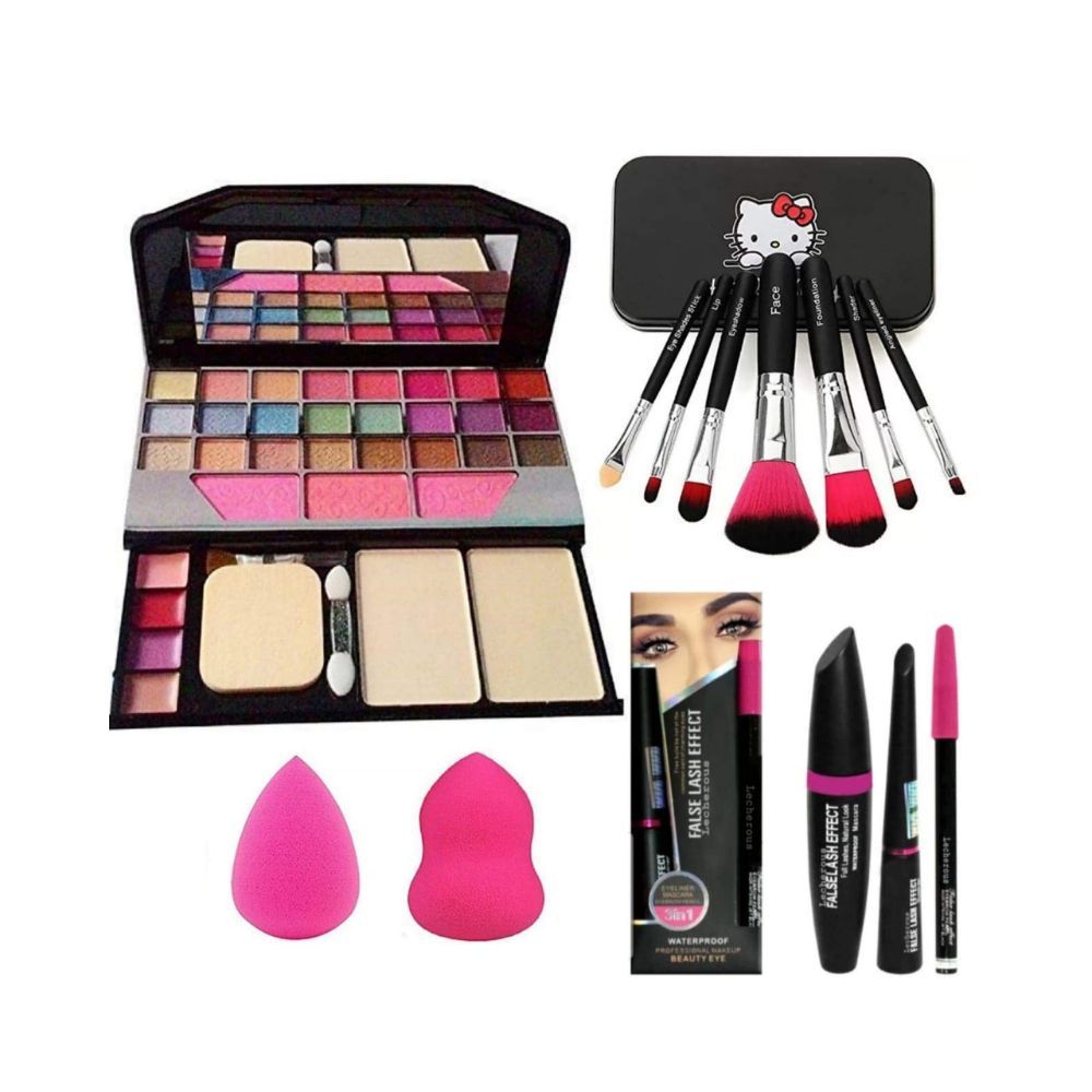 Rupali Pro Ultra 7pcs Makeup Brush Set With 2 Pc Blender Puff and 3in1 (Kajal+mascara+eyeliner) (Pack of 6) - Multicolor