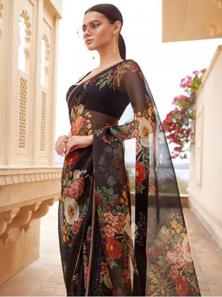 Sabyasachi Black Floral Organza Party Wear Saree(Un-Stitched)