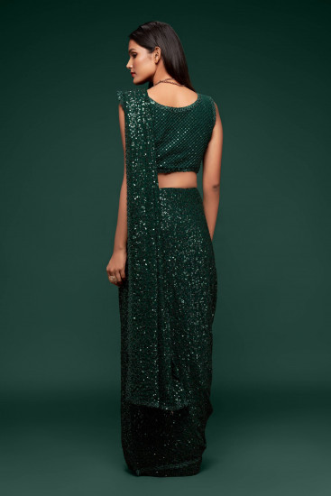 Sabyasachi Bottle Green Sequins Georgette Party Wear Saree With Blouse