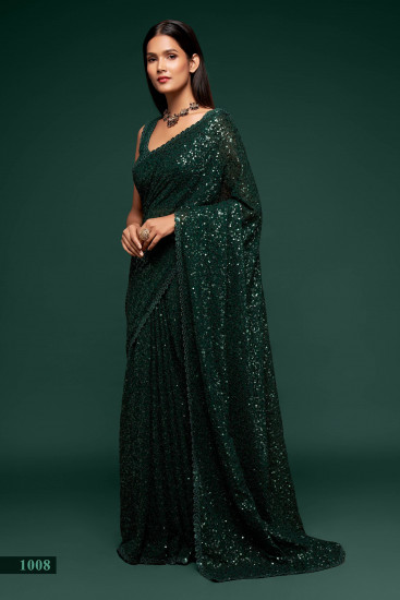 Sabyasachi Bottle Green Sequins Georgette Party Wear Saree With Blouse