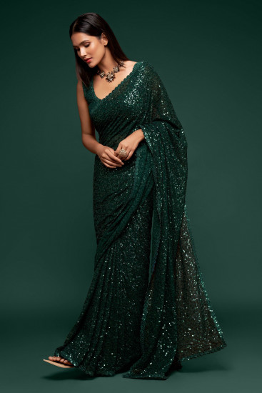 Sabyasachi Bottle Green Sequins Georgette Party Wear Saree With Blouse