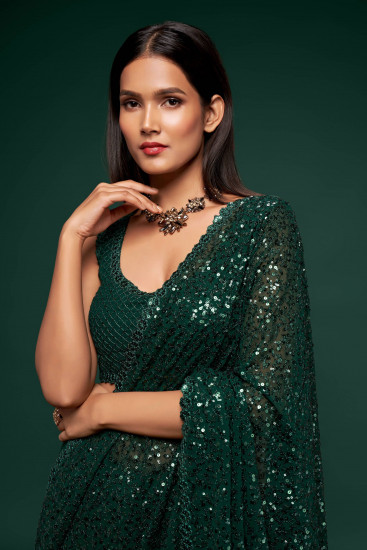 Sabyasachi Bottle Green Sequins Georgette Party Wear Saree With Blouse