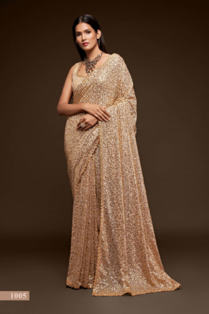Nilofer Shahid - Golden Pure Tissue Embellished Saree with Blouse - 2