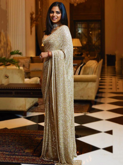 Sabyasachi Golden Sequins Georgette Party Wear Saree With Blouse(Un-Stitched)