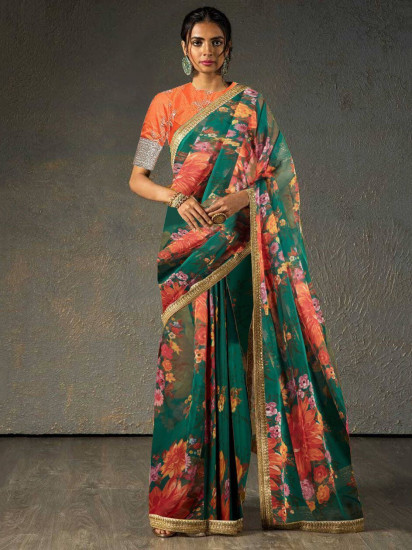 Sabyasachi Green Floral Organza Wedding Wear Saree With Blouse(Un-Stitched)
