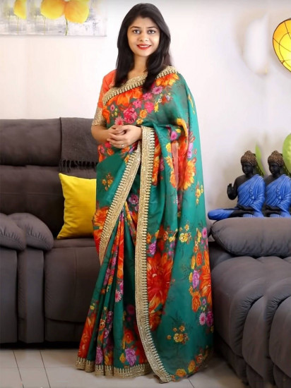 Sabyasachi Green Floral Organza Wedding Wear Saree With Blouse(Un-Stitched)