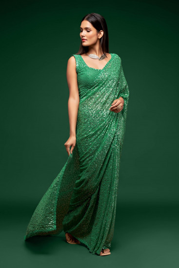 Sabyasachi Green Sequins Georgette Party Wear Saree With Blouse(Un-Stitched)
