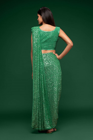 Sabyasachi Green Sequins Georgette Party Wear Saree With Blouse(Un-Stitched)