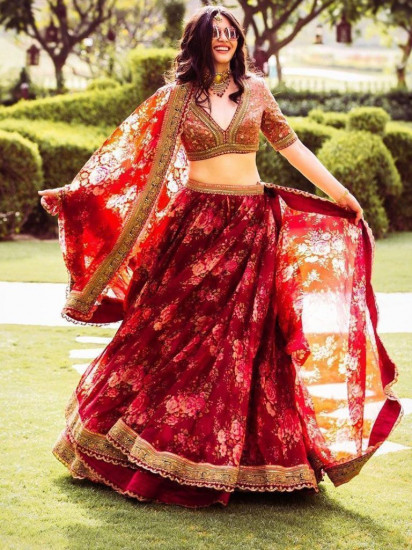 Sabyasachi Maroon Floral Printed Organza Bridal Lehenga Choli