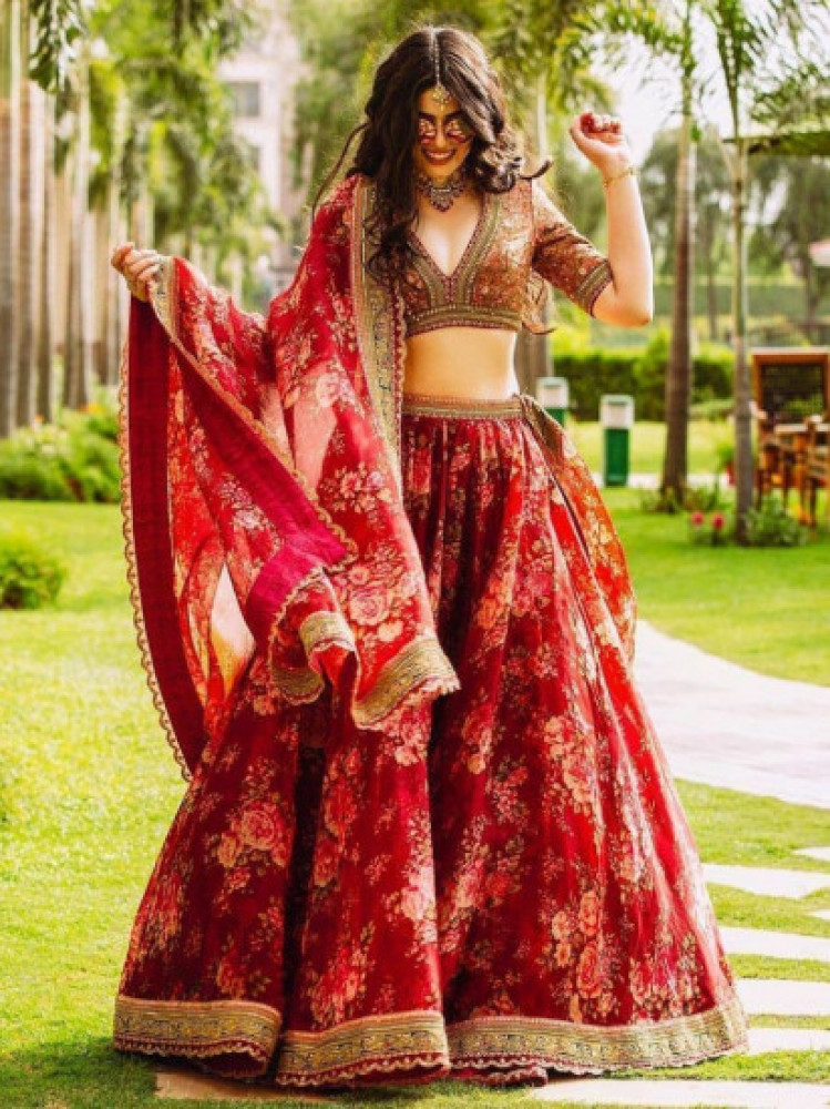 Sabyasachi Maroon Floral Printed Organza Bridal Lehenga Choli