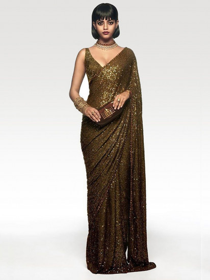 Sabyasachi Mehendi Green Sequins Party Wear Saree With Blouse(Un-Stitched)