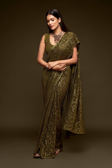 Sabyasachi Mehendi Green Sequins Party Wear Saree With Blouse(Un-Stitched)
