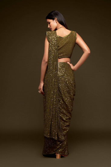 Sabyasachi Mehendi Green Sequins Party Wear Saree With Blouse(Un-Stitched)