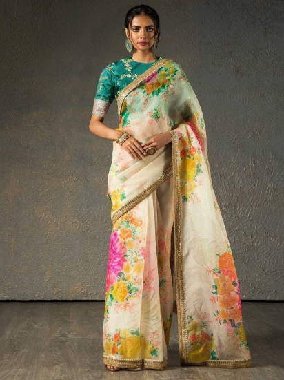Sabyasachi Off White Floral Orangza Wedding Wear Saree With Blouse(Un-Stitched)